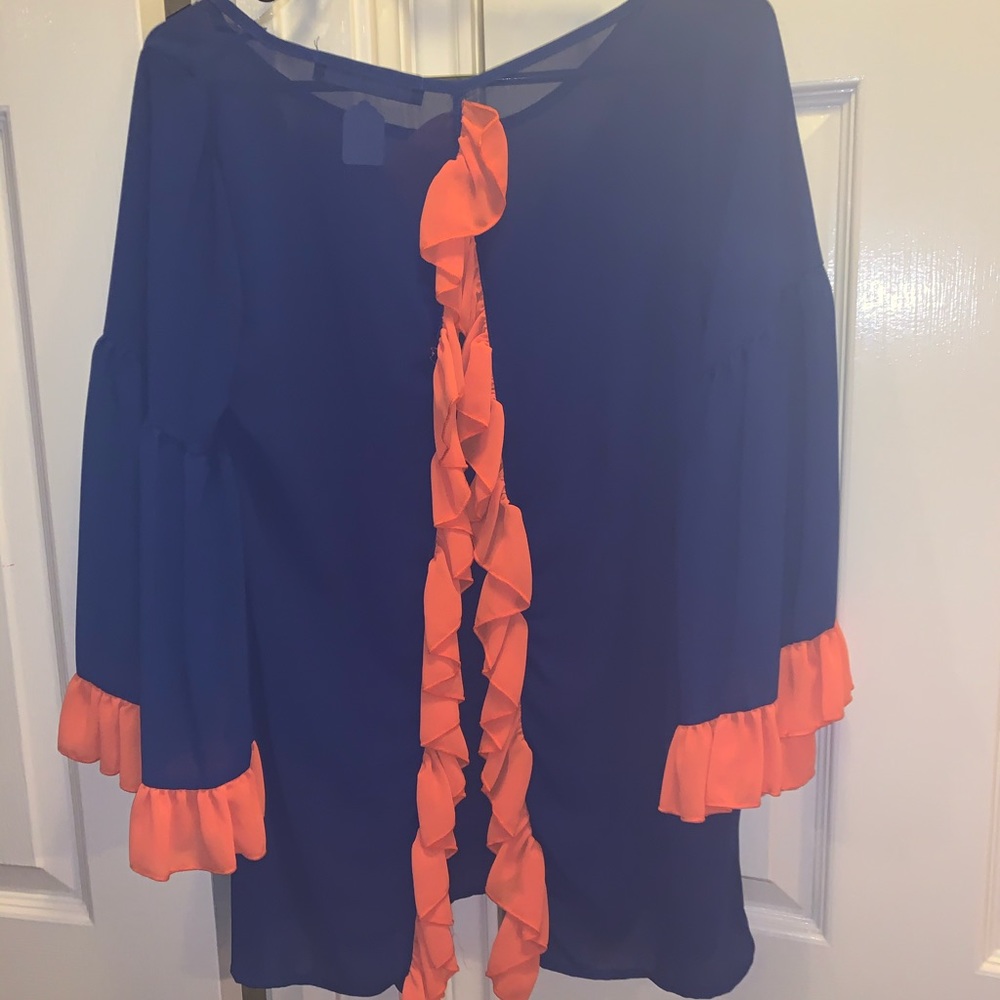 Sheer blue and orange top